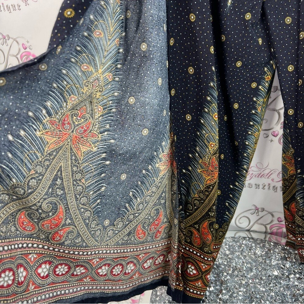 Pants wide leg flowy flare Thailand Bohemian Wide-Leg Pants with Paisley Print - Picture 4 of 14